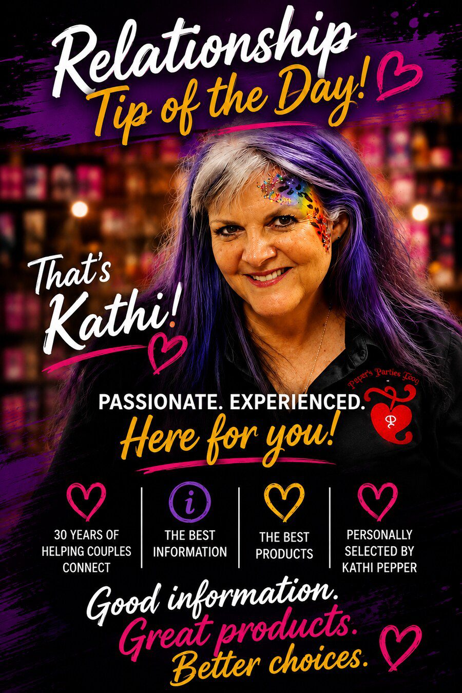 Kathi Pepper with purple hair and a bright smile in a Relationship Tip of the Day graphic